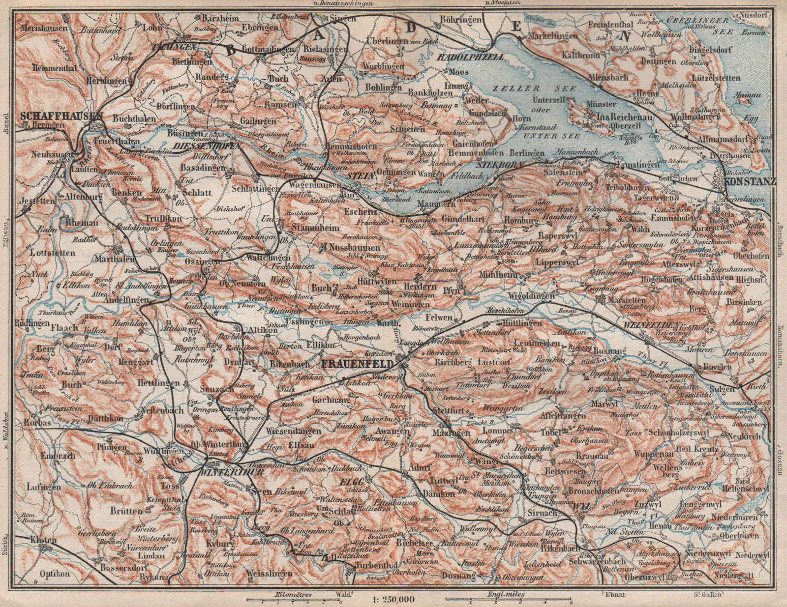 SCHAFFHAUSEN to CONSTANCE. Konstanz Frauenfeld Zeller See Unter See 1897 map